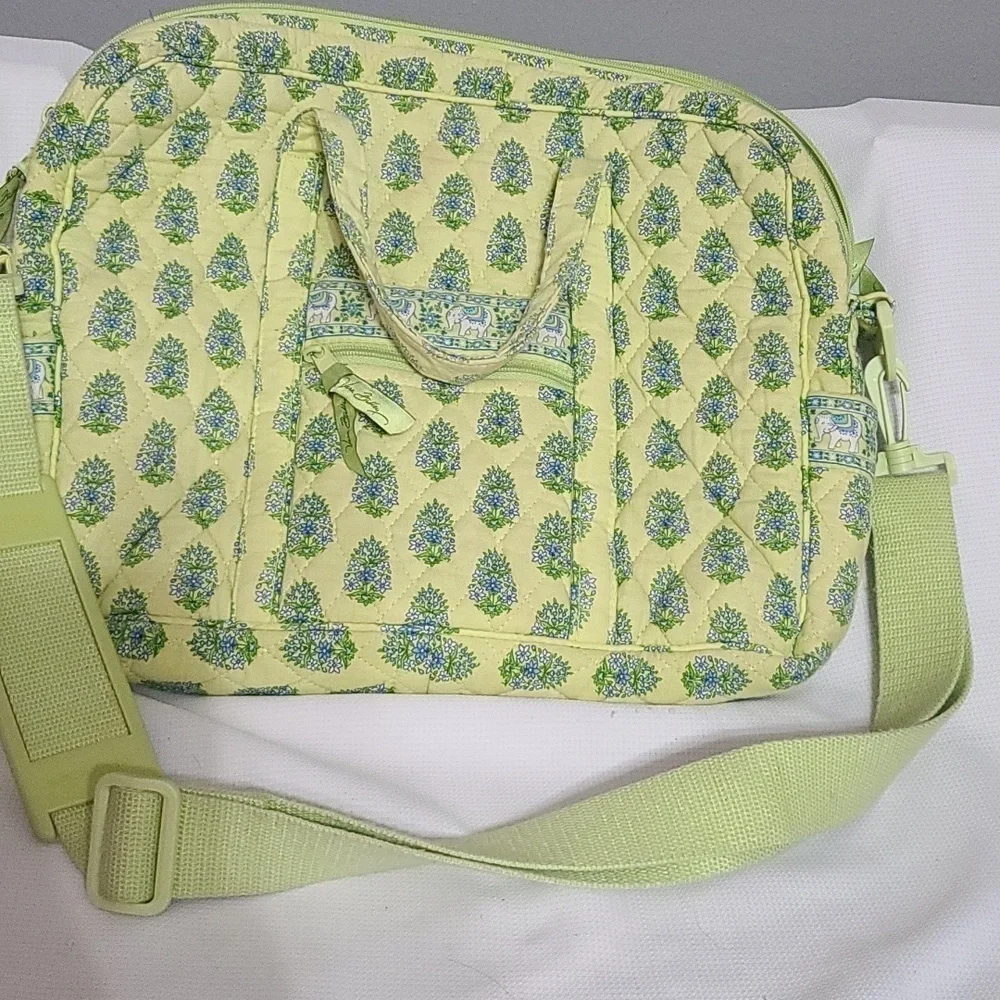 Vera Bradley Messenger Bag Chartreuse W/Blue Flowers Elephants Zips 13x16